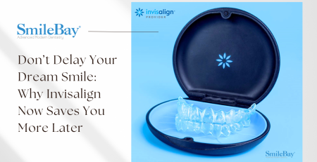 Clear Invisalign aligners inside a protective case, promoting adult orthodontic treatment at SmileBay Dental Penang.