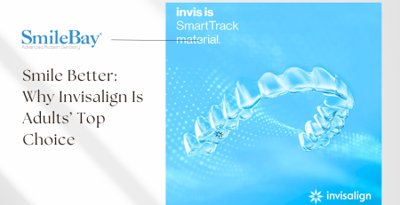 A clear Invisalign aligner floating against a blue background, with text "Smile Better: Why Invisalign Is Adults’ Top Choice" and SmileBay logo.