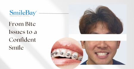 Blog header featuring a teen patient’s confident smile after orthodontic treatment and a close-up of braces, representing successful bite correction at SmileBay.